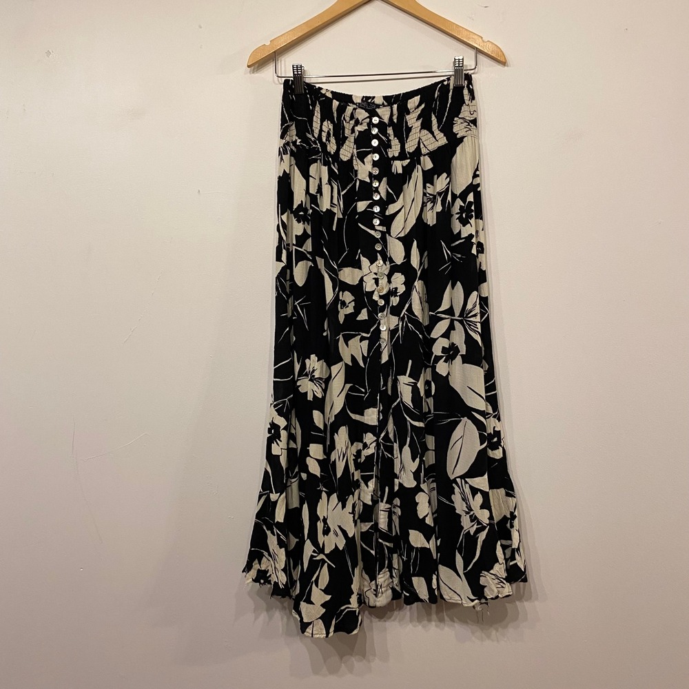 Rachel Zoe Black White Floral Button Front Smocked Cottagecore Maxi Skirt Medium